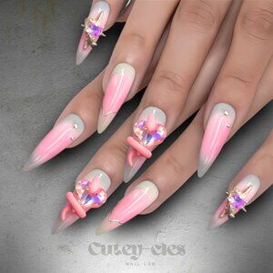 Crystal Heart Year Of the Snake Ombre Nails with Star Charm, Glam Press-On Nails